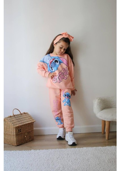 Stitch Temalı Simli Baskı Kız Çocuk Alt Üst Sweatshirt Eşofman Takım modelleri