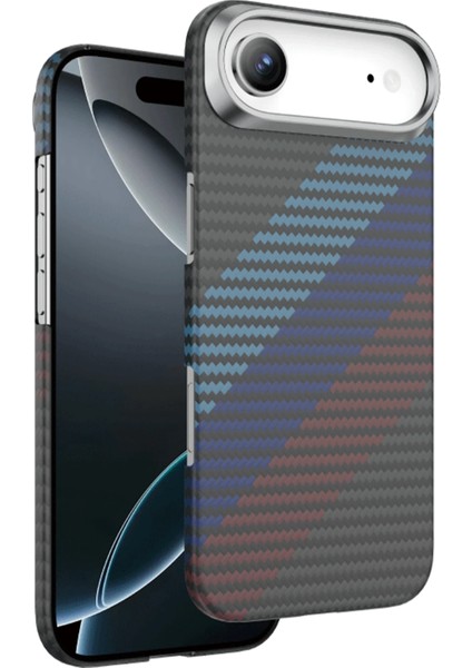 Apple iPhone 17 Air Uyumlu Kılıf Yatay Renk Desenli Kevlar Karbon Woven Magsafe - Siyah