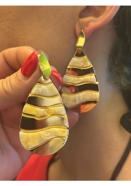 Sedef Kaplama Aynalı Damla Kadın Küpe 10 cm