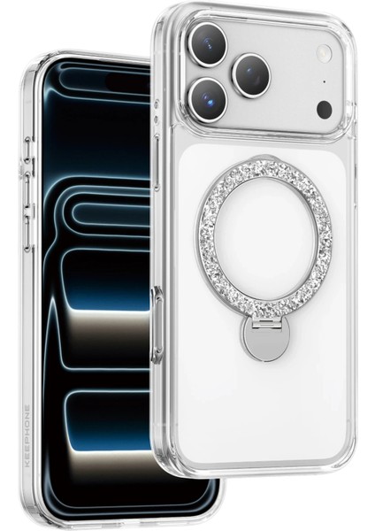 Apple iPhone 17 Pro Max Kılıf Crystal Taşlı 360 Dönen Magsafe Yüzük Standlı Kapak