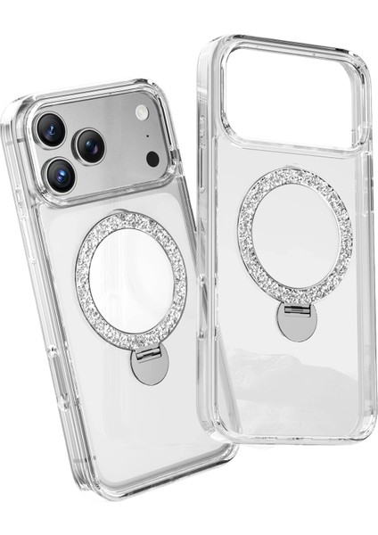 Apple iPhone 17 Pro Max Kılıf Crystal Taşlı 360 Dönen Magsafe Yüzük Standlı Kapak modelleri