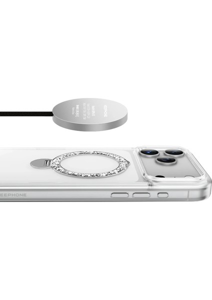 Apple iPhone 17 Pro Max Kılıf Crystal Taşlı 360 Dönen Magsafe Yüzük Standlı Kapak