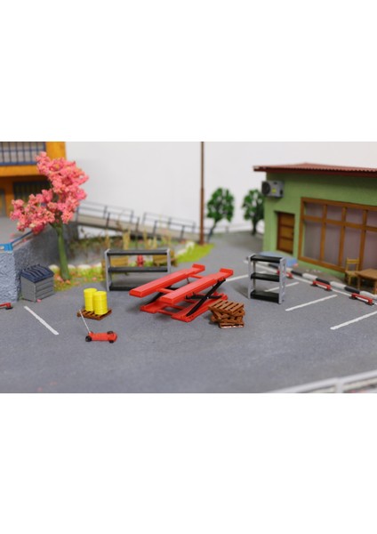 1:64 Ölçek Garaj Diorama Aksesuar Seti – Lift + Raf + Varil + Palet – Model Araba Dekoru modelleri