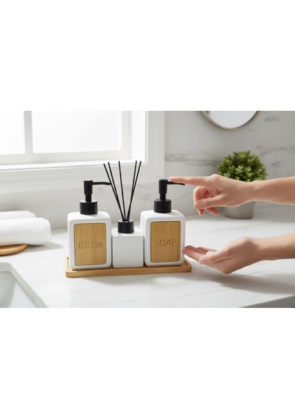 Banyo Seti Takımı - Sıvı Sabunluk Seti Bambu Altlıklı 4 Parça Beyaz
