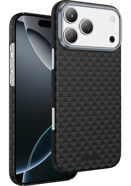 iPhone 17 Pro Max Kılıf Magsafe Şarjlı Süper Ince Aramid Karbon Fiber Paris Desen Kevlar Kapak