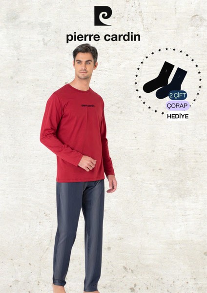 Erkek %100 Pamuk Uzun Kollu Lisanslı Bordo Pijama Takımı (2 Adet Hediye Çorap) L1.PC.6095.001