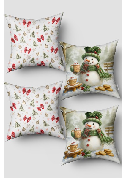 Noel Temalı Kardan Adam ve Kırmızı Fiyonk Yılbaşı 4'lü Kırlent Kılıfı Seti