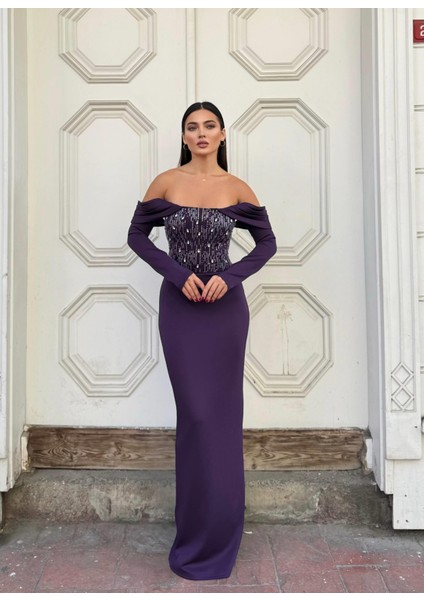 ESNEK KUMAŞ SCUBA ÖN TAŞ DETAYLI ABİYE Elbise 583329 MOR