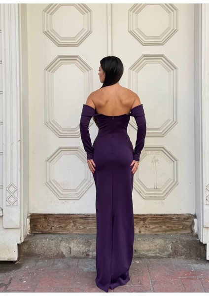 ESNEK KUMAŞ SCUBA ÖN TAŞ DETAYLI ABİYE Elbise 583329 MOR fiyatları