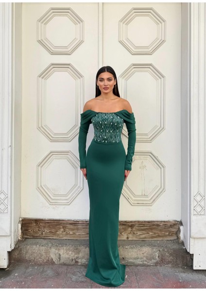 ESNEK KUMAŞ SCUBA ÖN TAŞ DETAYLI ABİYE Elbise 583329 ZÜMRÜT