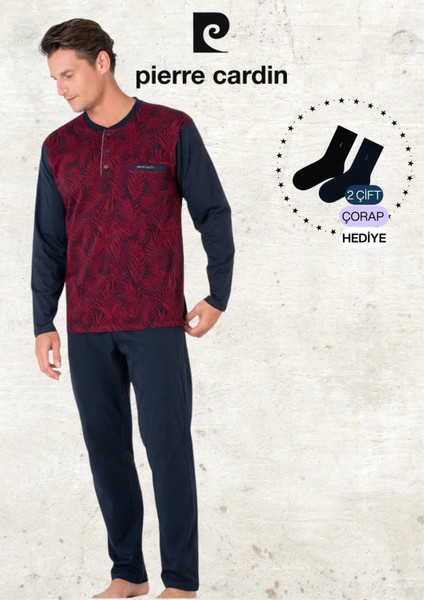 Erkek %100 Pamuk Uzun Kol Jakarlı 2'li Bordo Pijama Takımı (2 Adet Hediye Çorap) L1.PC.6111.001