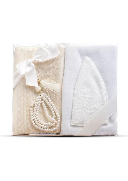 Seccade + Eşarp + Takke + Tesbih Hediye Seti (Asetat Kutulu, Beyaz)