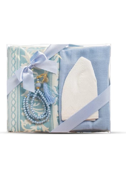Seccade + Eşarp + Takke + Tesbih Hediye Seti (Asetat Kutulu, Mavi)