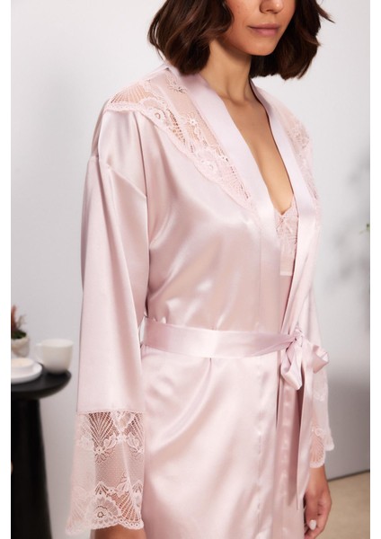 Saten Dantelli Kadın Gecelik ve Sabahlık Takımı - 4510 Pudra fiyatları