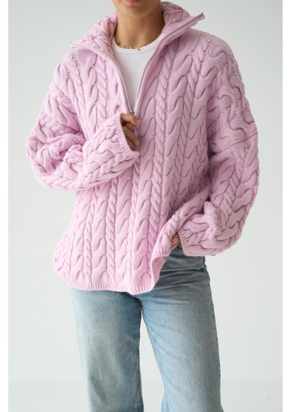 Kadın Yakası Fermuarlı Örgü Desen Oversize Kazak