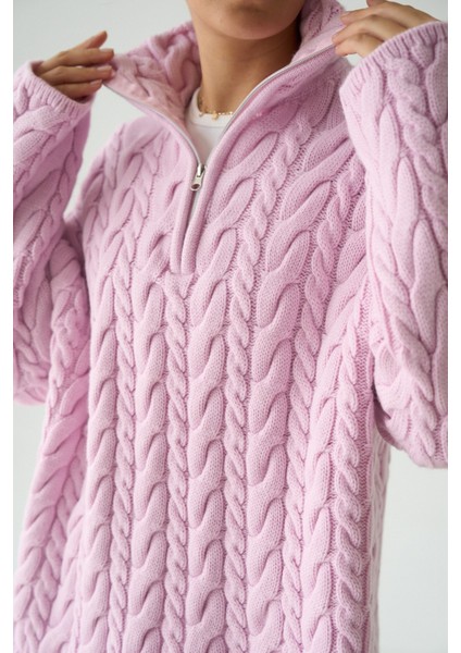 Kadın Yakası Fermuarlı Örgü Desen Oversize Kazak fiyatları