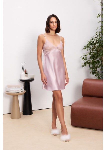 Saten Dantelli Kadın Gecelik ve Sabahlık Takımı - 4500 Rose