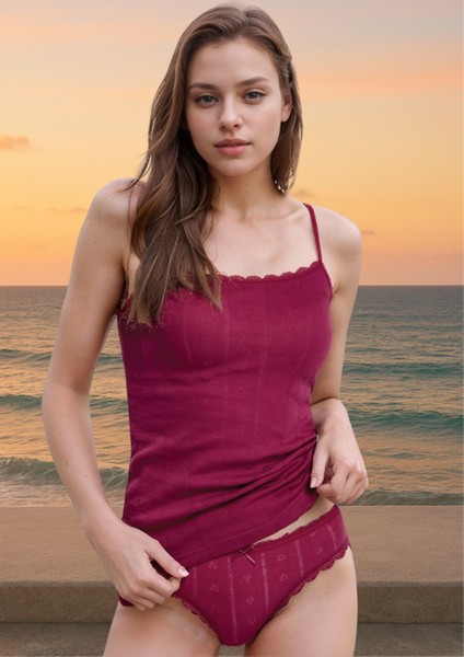 %100 Pamuklu Kalp Desen Dantelli Vişne Ip Askılı & Bikini Külot 2'li Takım LL.IL22.KE94.001