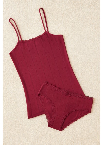 %100 Pamuklu Kalp Desen Dantelli Vişne Ip Askılı & Bikini Külot 2'li Takım LL.IL22.KE94.001 fiyatları