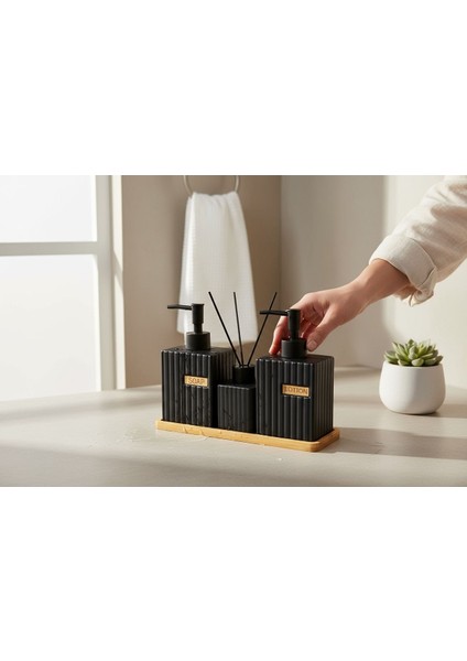 Banyo Seti Takımı - Sıvı Sabunluk Seti Bambu Altlıklı 4 Parça Siyah