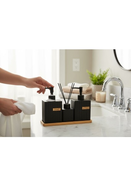 Banyo Seti Takımı - Sıvı Sabunluk Seti Bambu Altlıklı 4 Parça Siyah fiyatları