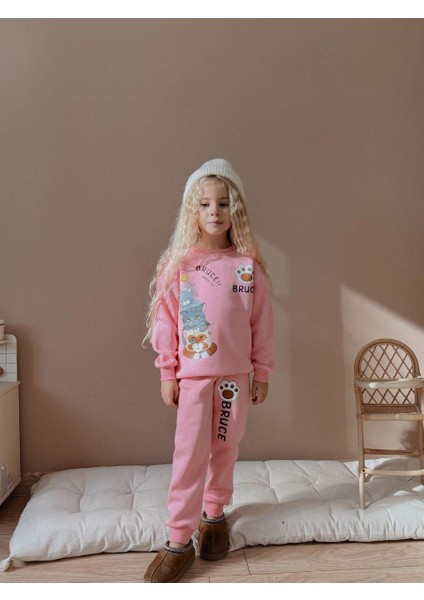 Kedi Temalı Kız Çocuk 3 Iplik Şardonlu Alt Üst Takım Süper Kalite Kumaş