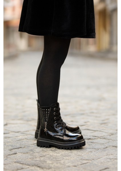 Ortopedik Bağcıklı Fermuarlı Kız Çocuk Bot Ayakkabı Siyah Kız Çocuk Bot