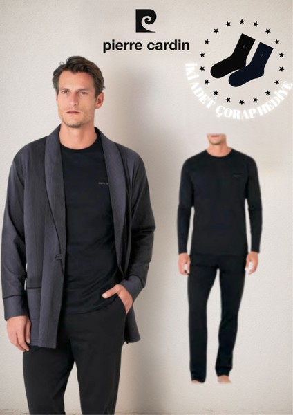 Erkek Giyim Kutulu 3 Parça %100 Pamuklu Robdöşambır & Uzun Kollu Pijama Takımı Set (Çorap Hediyeli)