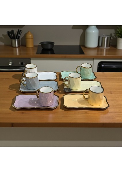 Porselen Sedef Yaldızlı Sunumluklu Kahve Fincan Takımı Seti 6 Kişilik