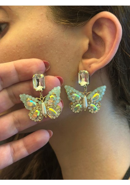 Kristal Taş Işleme Kelebek Kadın Küpe 3 cm