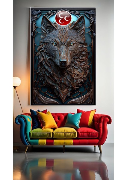 Kabartma Görünümlü Kurt Portresi 2 Ev Duvar Salon Güzellik Salonu Ofis Dükkan Dekarasyon Kanvas Tablo