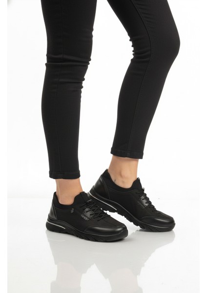 Siyah Nubuk Hakiki Deri Lastik Bağcıklı Kadın Günlük Ayakkabı PLV061 Z modelleri