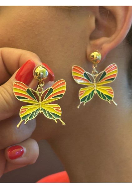 Renkli Tasarım Kelebek Kadın Küpe 4 cm