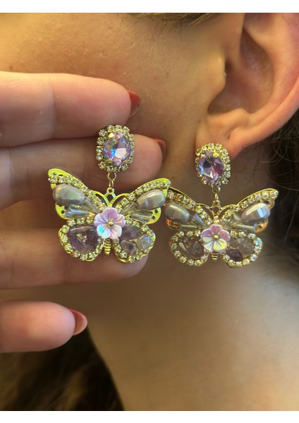 Kristal Taş Işleme Kelebek Kadın Küpe 3 cm