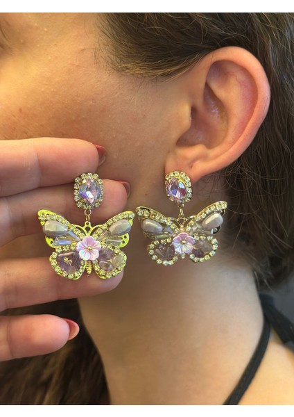 Kristal Taş Işleme Kelebek Kadın Küpe 3 cm fiyatları