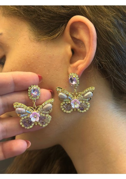 Kristal Taş Işleme Kelebek Kadın Küpe 3 cm modelleri