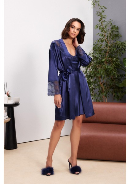 Saten Dantelli Kadın Gecelik ve Sabahlık Takımı - 4510 Lacivert