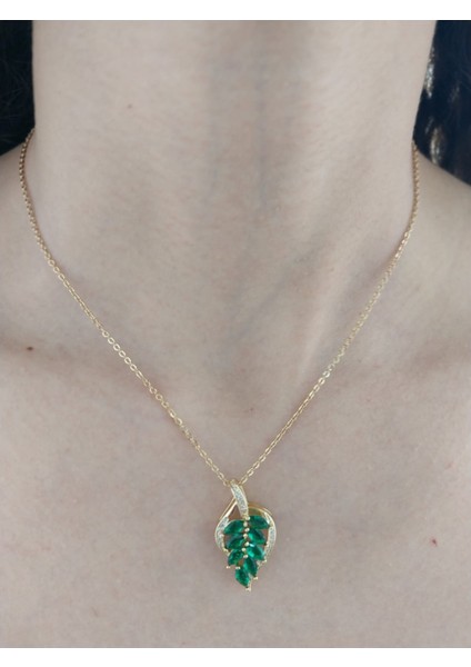 Çelik Yeşil Taşı Yaprak Kadın Kolye 20 cm