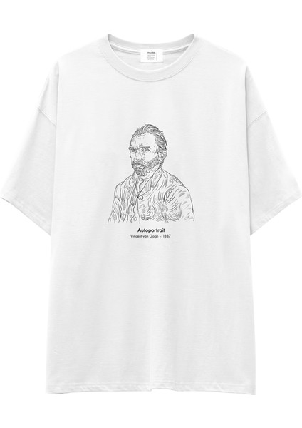 Vincent Van Gogh Autoportrait 1887 Oversize Tişört - Beyaz