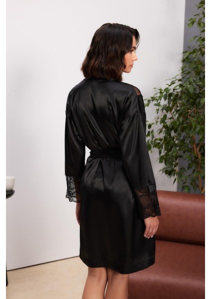 Saten Dantelli Kadın Gecelik ve Sabahlık Takımı - 4510 Siyah modelleri