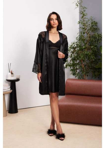 Saten Dantelli Kadın Gecelik ve Sabahlık Takımı - 4510 Siyah indirimleri