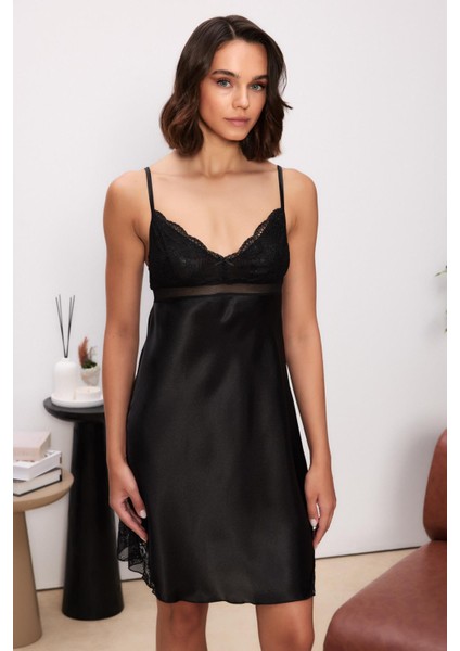 Saten Dantelli Kadın Gecelik ve Sabahlık Takımı - 4510 Siyah