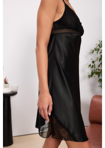 Saten Dantelli Kadın Gecelik ve Sabahlık Takımı - 4510 Siyah