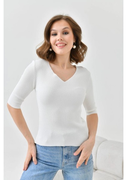Kadın Kazak V Yaka Kazak Kemik - 10668