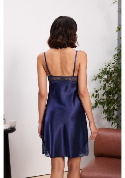 Saten Dantelli Kadın Gecelik ve Sabahlık Takımı - 4510 Lacivert