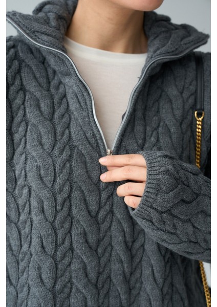 Kadın Yakası Fermuarlı Örgü Desen Oversize Kazak fiyatları