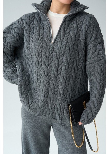 Kadın Yakası Fermuarlı Örgü Desen Oversize Kazak modelleri