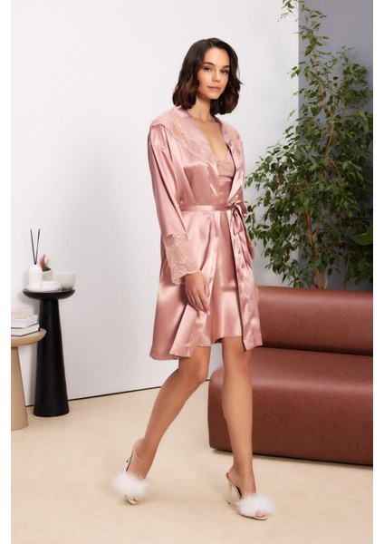 Saten Dantelli Kadın Gecelik ve Sabahlık Takımı - 4510 Brandy