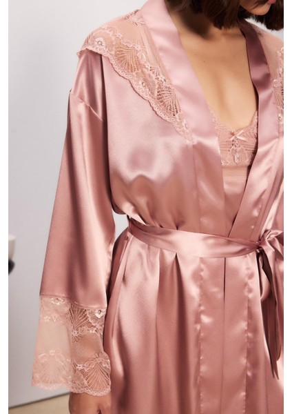 Saten Dantelli Kadın Gecelik ve Sabahlık Takımı - 4510 Brandy fiyatları