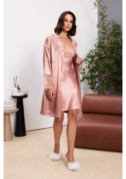 Saten Dantelli Kadın Gecelik ve Sabahlık Takımı - 4510 Brandy modelleri
